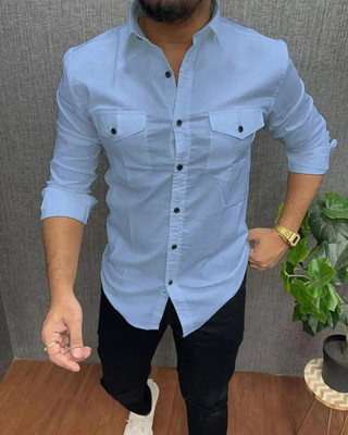 DEEMOON Men Solid Casual Light Blue Shirt