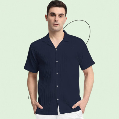 A Sti Men Self Design Casual Dark Blue Shirt