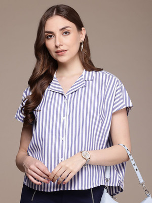 French Connection Women Striped Casual Blue Shirt