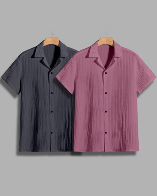 House of Vinay Men Self Design, Solid Casual Grey, Pink Shirt(Pack of 2)