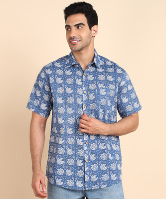 Blocks Of India Men Printed Casual Blue, White Shirt