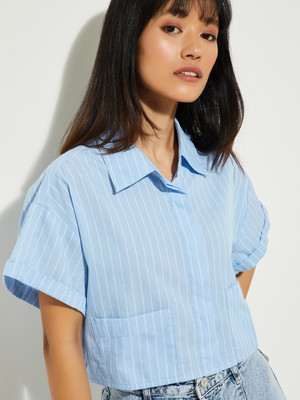 MAX Women Checkered Casual Blue Shirt