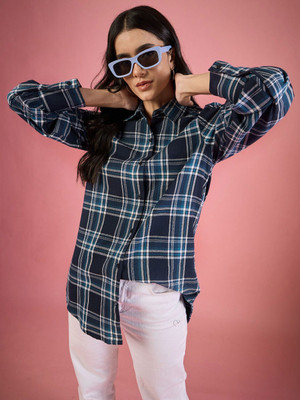 VARDA CREATION Women Self Design, Checkered Casual Dark Blue Shirt