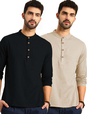 Navkanj Men Solid Asymmetric Kurta(Beige)