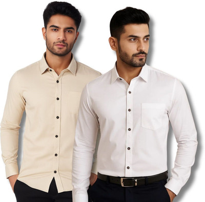 VIMASUTI Men Solid Casual Beige, White Shirt(Pack of 2)