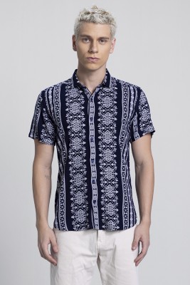 Snitch Men Printed Casual Dark Blue, White Shirt