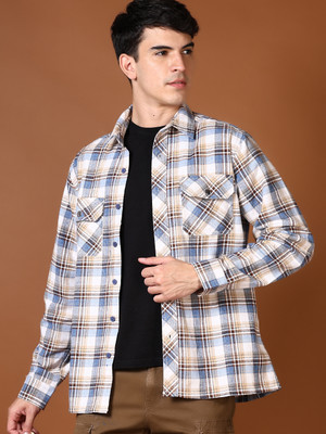 V-MART Men Checkered Casual Beige Shirt