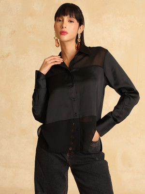 KAZO Women Solid Party Black Shirt