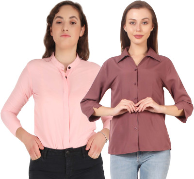 Mamnoon Women Solid Casual Pink, Brown Shirt(Pack of 2)