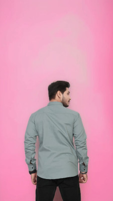 U AND J TREND Men Solid, Printed Casual Grey Shirt
