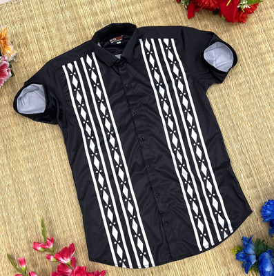spela Men Printed Casual Black, White Shirt