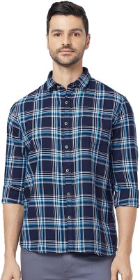 SNX Men Checkered Casual Dark Blue Shirt