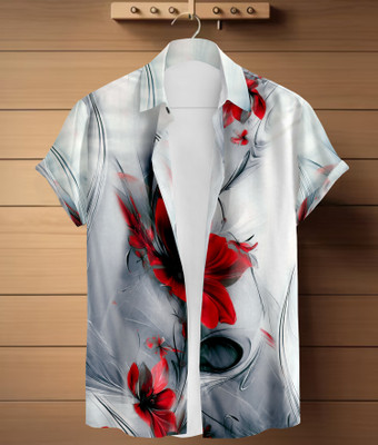 Le Pery Men Floral Print Casual Red, Grey Shirt