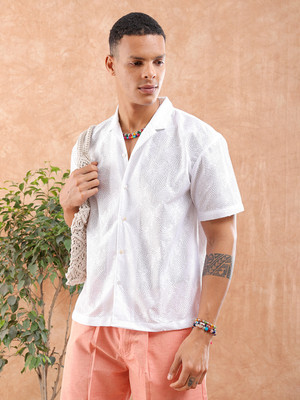 The Indian Garage Co. Men Self Design Beach Wear White Shirt