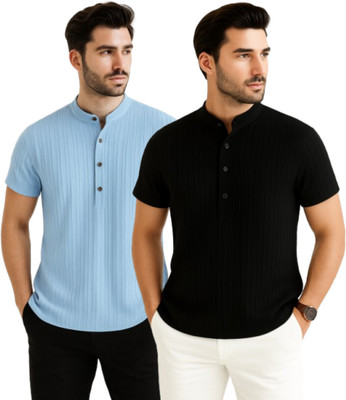 METRONAUT Men Self Design Casual Light Blue, Black Shirt(Pack of 2)