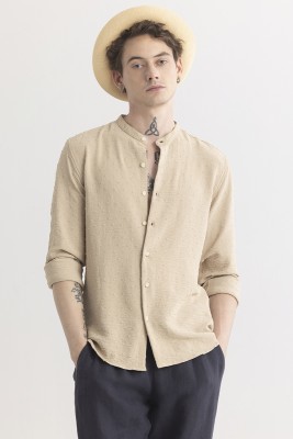 Snitch Men Embroidered Casual Beige Shirt