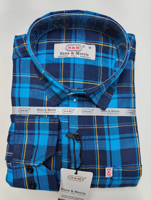 Hana & Morris Men Checkered Casual Yellow, Dark Blue, Light Blue Shirt