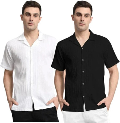 METRONAUT Men Self Design Casual White, Black Shirt(Pack of 2)
