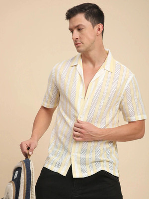 Voroxy Men Striped Casual White, Yellow Shirt