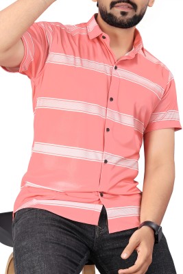 COMBRAIDED Men Striped Casual White, Pink Shirt