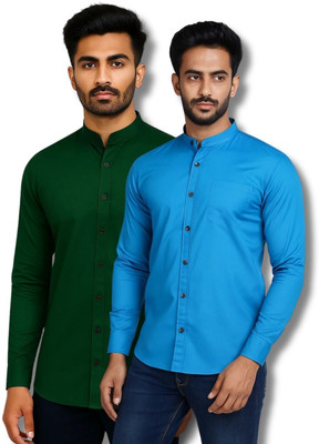 CROWNTAIL Men Solid Casual Green, Blue Shirt(Pack of 2)