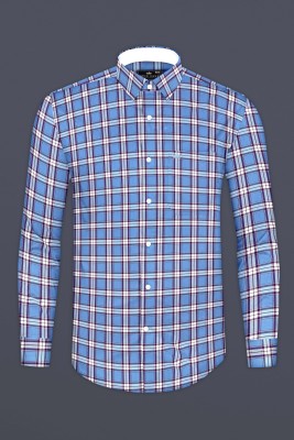 french crown Men Checkered Formal Blue Shirt