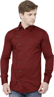 PEARL OCEAN Men Solid Casual Maroon Shirt