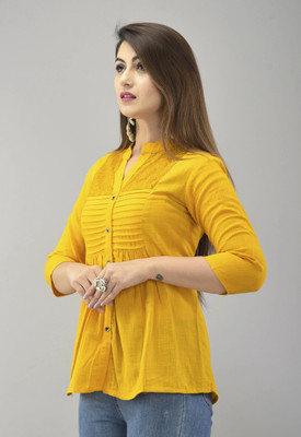 IQRAAR Women Self Design Casual Yellow Shirt