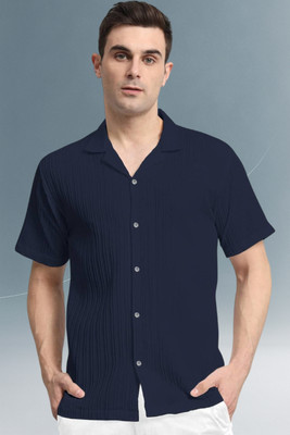 A DEEMOON TREND Men Self Design Casual Dark Blue Shirt