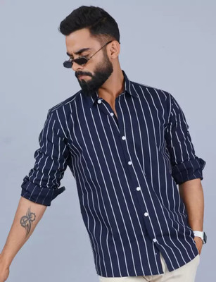 FUBAR Men Striped Casual Dark Blue Shirt