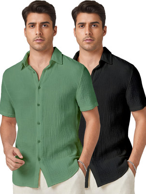 Webric Men Self Design Casual Light Green, Black Shirt(Pack of 2)
