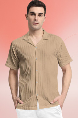 A DEEMOON TREND Men Self Design Casual Beige Shirt