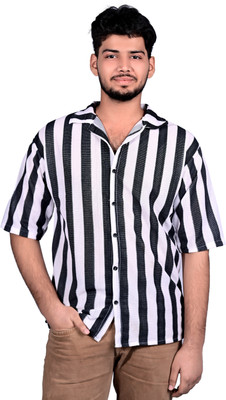 Glamiere Men Striped Casual White, Black Shirt