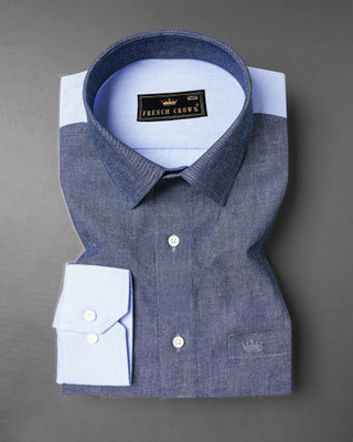 french crown Men Color Block Casual Dark Blue, Light Blue Shirt