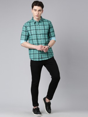 Broon Men Checkered Casual Black, Green Shirt