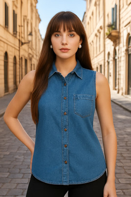Dressberry Women Solid Casual Blue Shirt