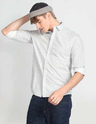 FLYING MACHINE Men Printed Casual White, Black Shirt
