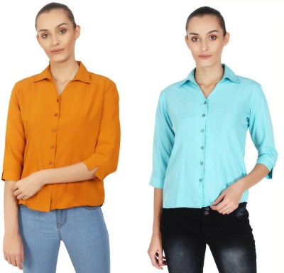 Laxmi sports Women Solid Casual Yellow, Light Blue Shirt(Pack of 2)