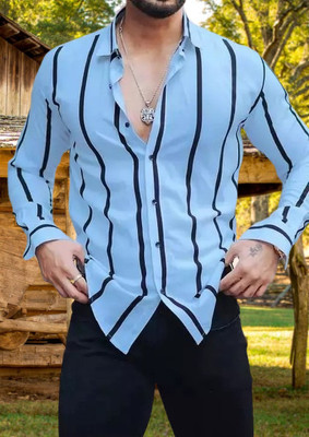 Divybhav Men Striped Casual Light Blue, Black Shirt