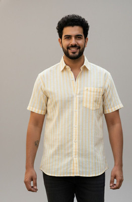 HouseOfCommon Men Striped Casual Yellow Shirt