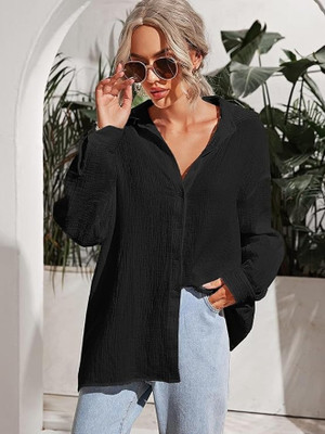 GENEALO Women Solid Casual Black Shirt