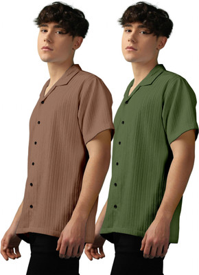 OXXOM Men Self Design Casual Brown, Green Shirt(Pack of 2)