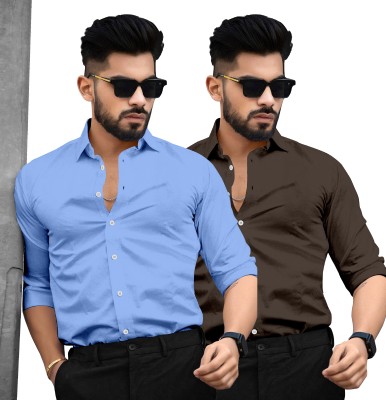 SAADIWALA Men Solid Casual Light Blue, Brown Shirt(Pack of 2)