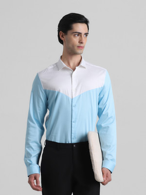 JACK & JONES Men Color Block Casual Light Blue, White Shirt