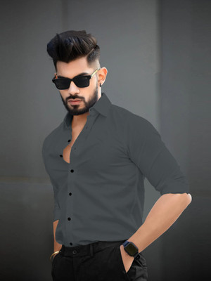 SOLSTICE Men Solid Casual Grey Shirt