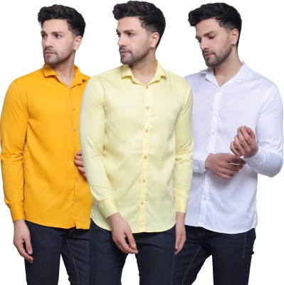 FILNECH Men Solid Casual Yellow, Beige, White Shirt(Pack of 3)