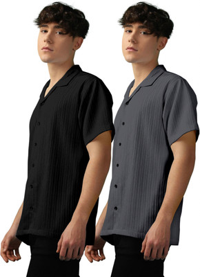 OXXOM Men Self Design, Striped Casual Black, Grey Shirt(Pack of 2)