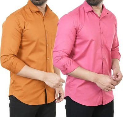 Hansroop Men Solid Casual Pink, Brown Shirt(Pack of 2)