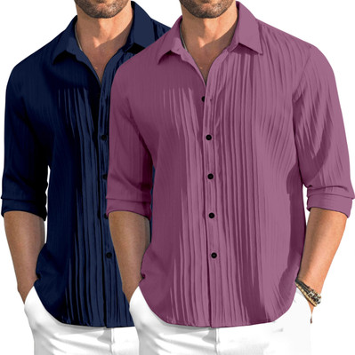 OXXOM Men Self Design Casual Dark Blue, Pink Shirt(Pack of 2)