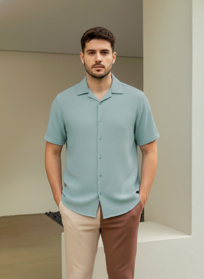 Leriya Fashion Men Self Design Casual Light Blue Shirt